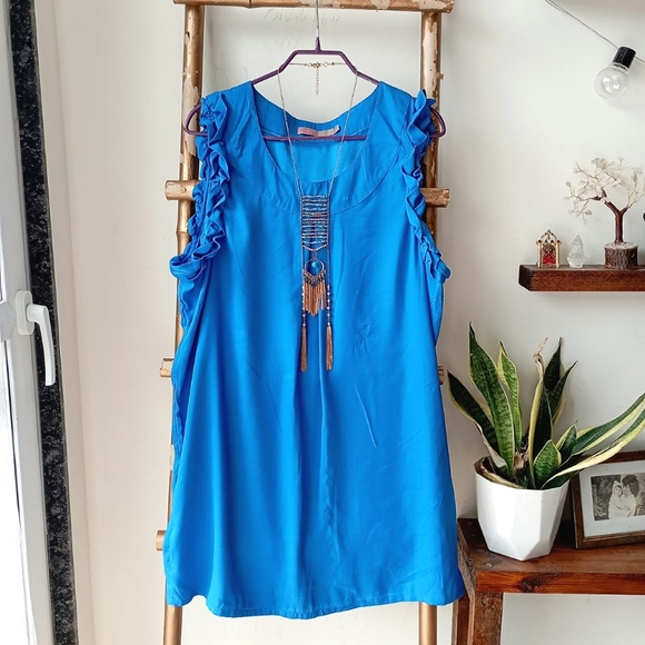 Saint Tropez Tops - French Cobalt Neon Blue Frill Dress/ Long Top